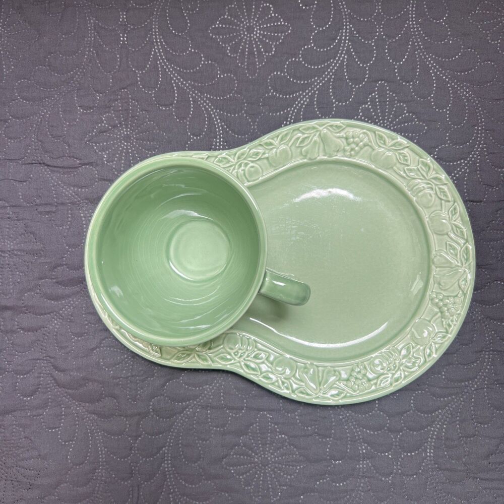 Fruit Embossed Ceramic Cup And Snack Underplate Green Made In Portugal Home